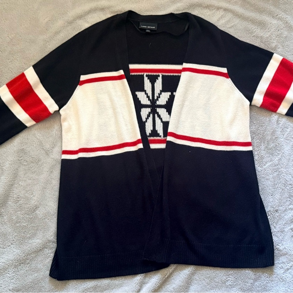 Lane Bryant Navy, White & Red Open-Front Cardigan (Plus Size 24)